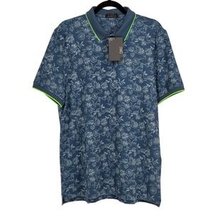 G/FORE NEW Men's Large Peony Sketch‎ Banded Sleeve Tech Polo Jersey Golf Blue
